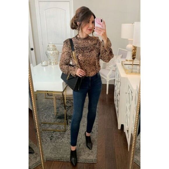 ANTHRO Rachel Parcell Leopard Print Ruffled High Neck Blouse XS Top Boho Neutral - Picture 2 of 6